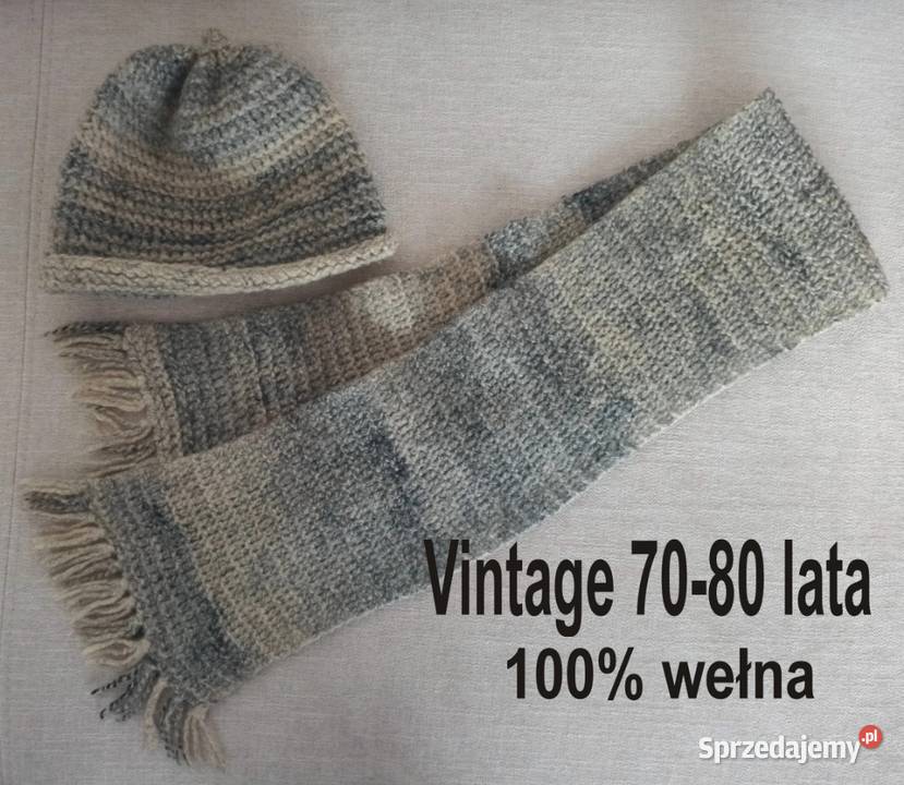 Szara wełniana czapka i szalik vintage Radzyń Podlaski