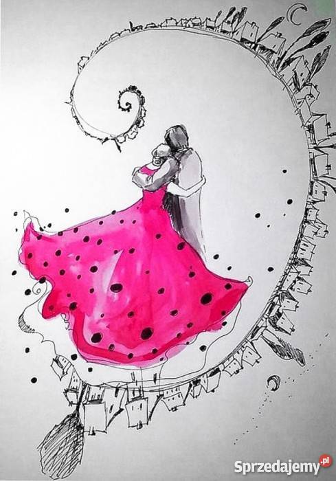 Praca akwarelą i piórkiem Zakręcona para śląskie Katowice