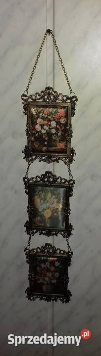 Piękne potrójne obrazki w mosiężnych ramkach Antyki, Sztuka, Kolekcje mazowieckie Warszawa sprzedam