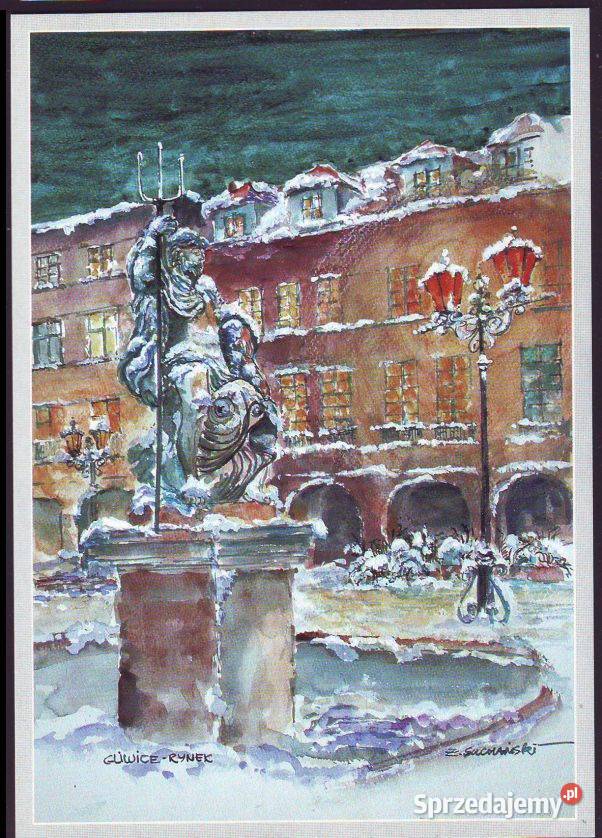 Kart PocztGliwice widok Rynku rysunek śląskie Gliwice