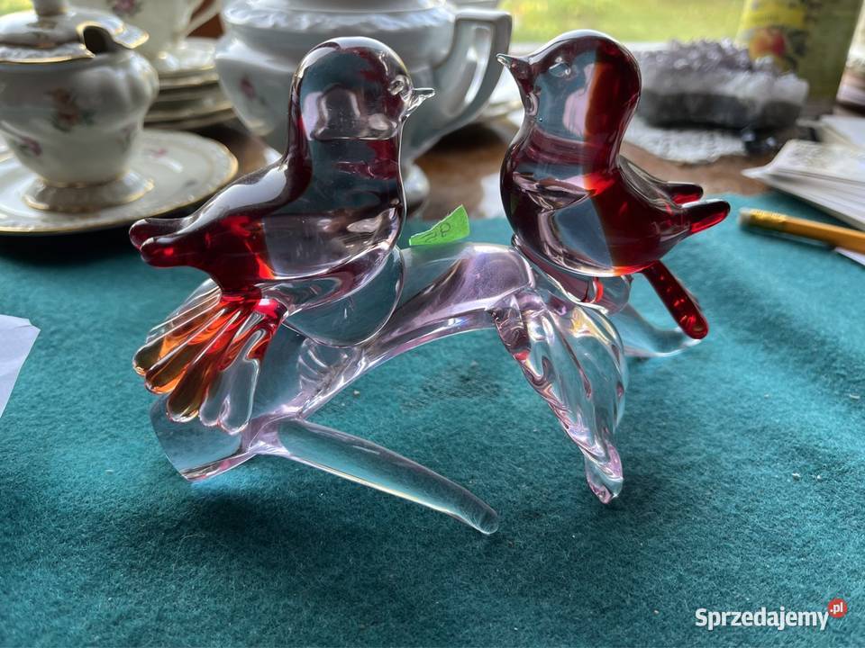 Szklana figurka 2 Ptaszki na gałęzi Z czerwono Porcelana i szkło Gdańsk