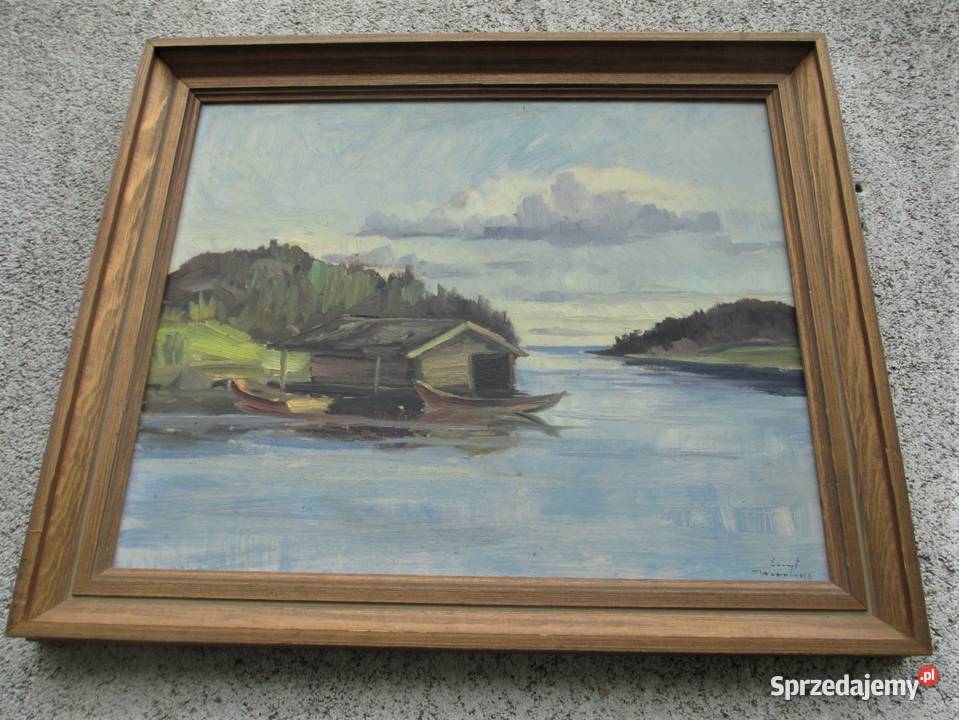 Obraz olejny Przystań Szwecja lata 70 Lublin