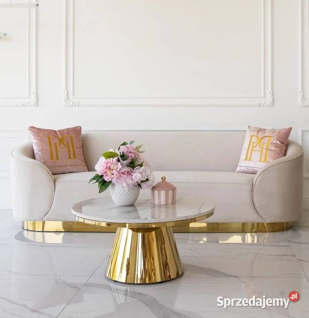 Ekskluzywna beżowa złota sofa glamour do salonu mazowieckie Warszawa