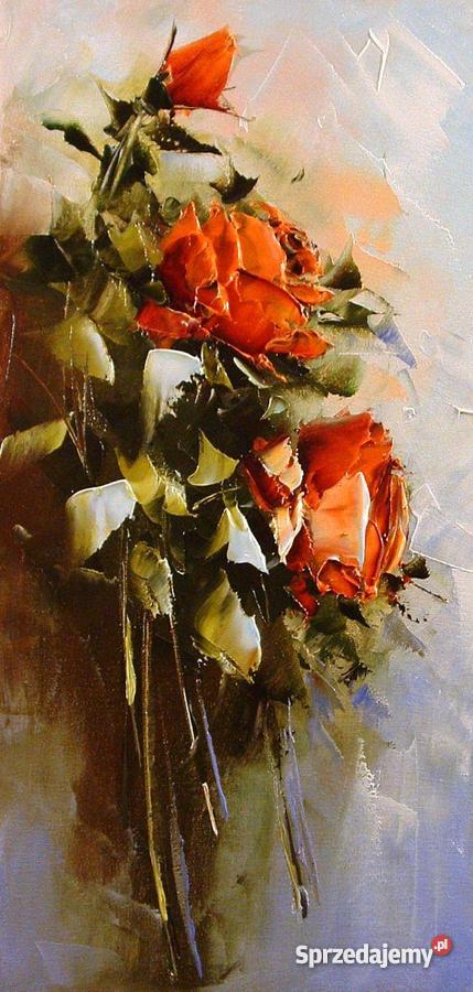 Czerwone róże - Obraz olejny, kwiaty, szpachla, 20x40
