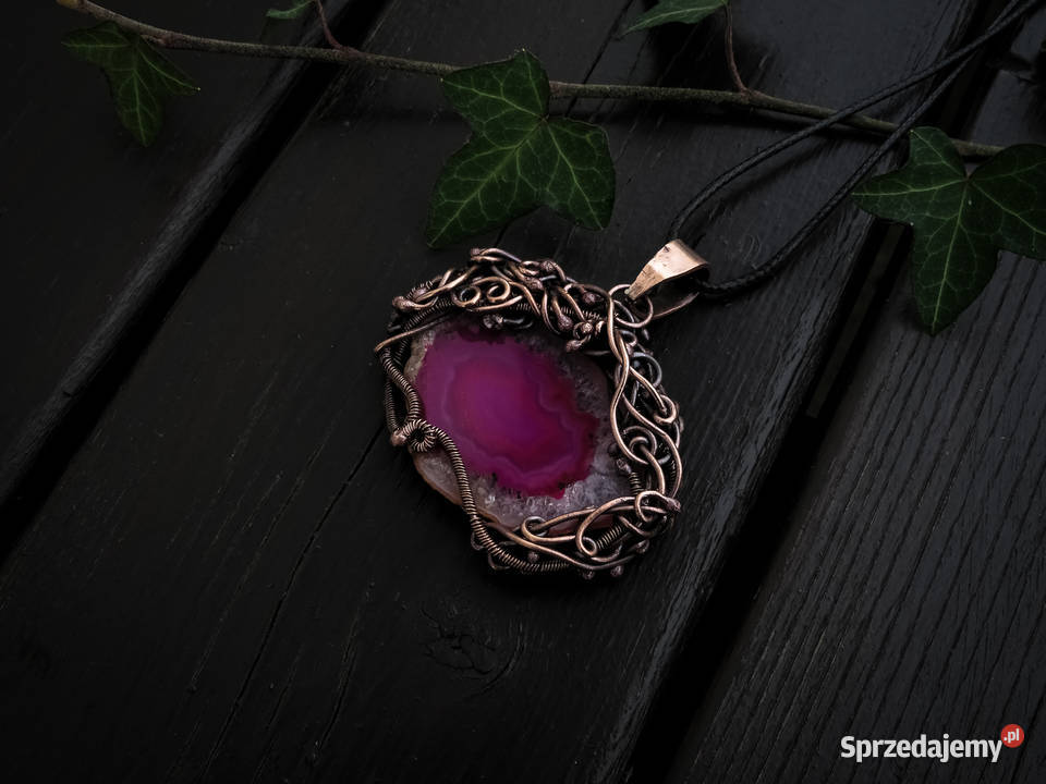 Unikatowy wisior z różowym agatem miedź małopolskie Kraków