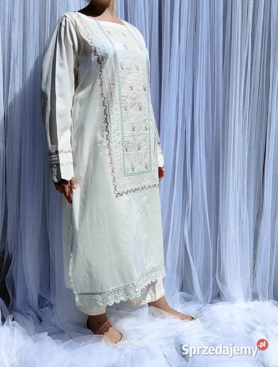 Długa biała tunika orientalna XXL 44 bawełna długi Bluzki i koszule
