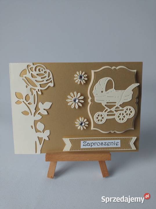 ZAPROSZENIA CHRZEST ŚWIĘTY WÓZEK RÓŻA C6 ZŁOTO Rękodzieło