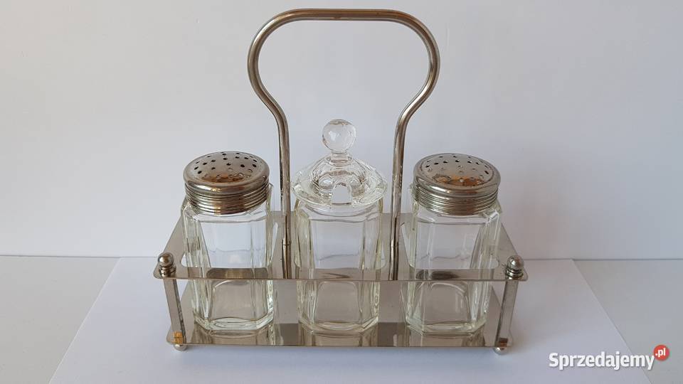 Stary przyprawnik kabaret szkło metal Porcelana i szkło