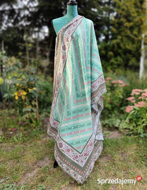Duża chusta szal dupatta mięta kwiaty bawełna Moda i Styl