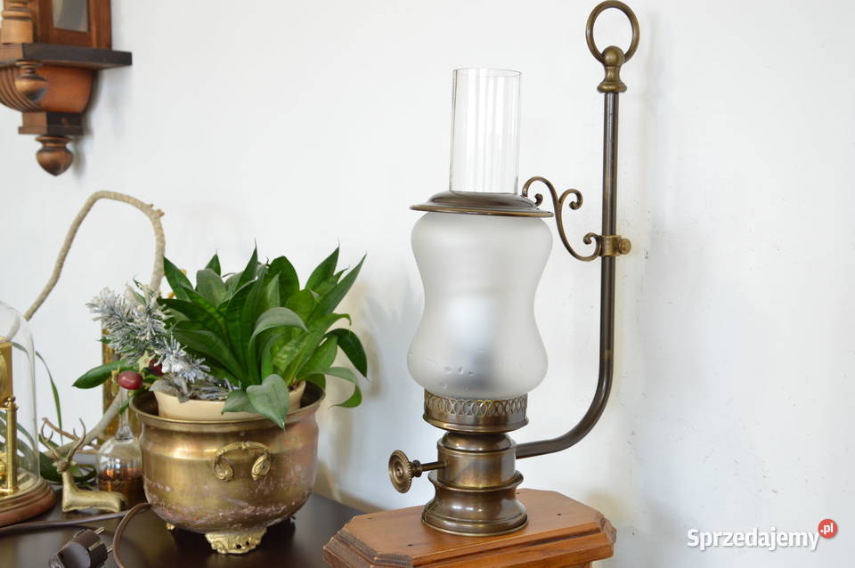 elektryczna lampa naftowa drewno mosiądz stara śląskie