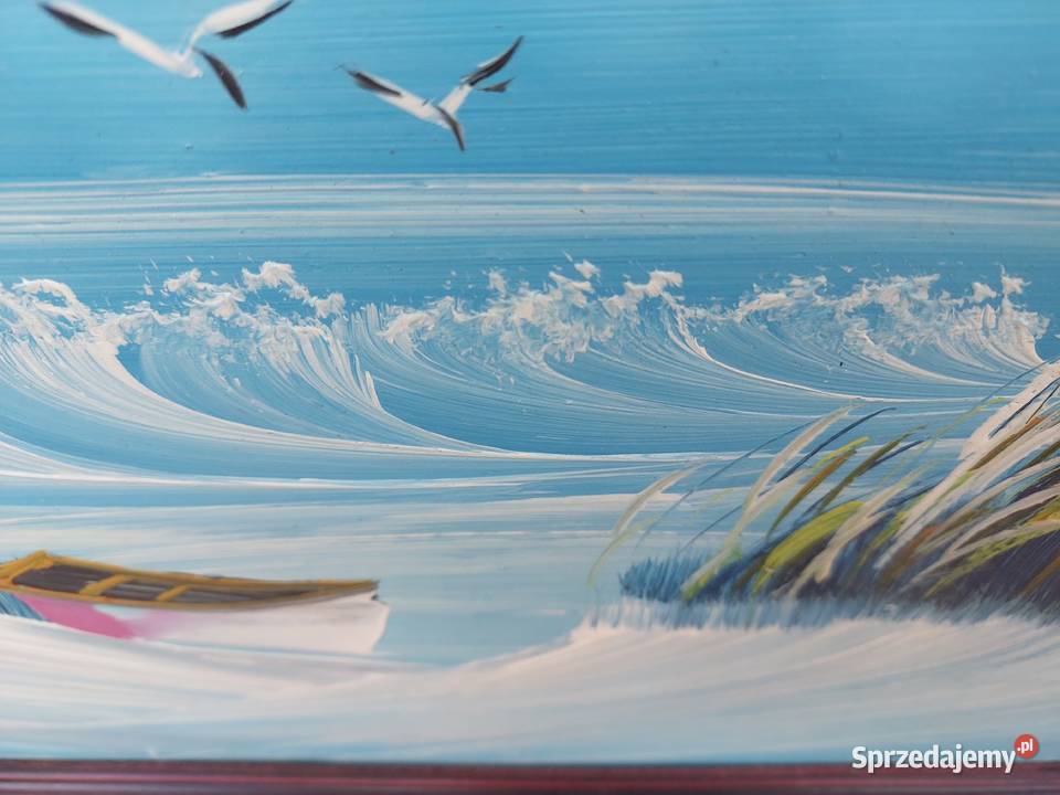 83 Stary obrazek olej na płycie morze łódź ptaki Tczew