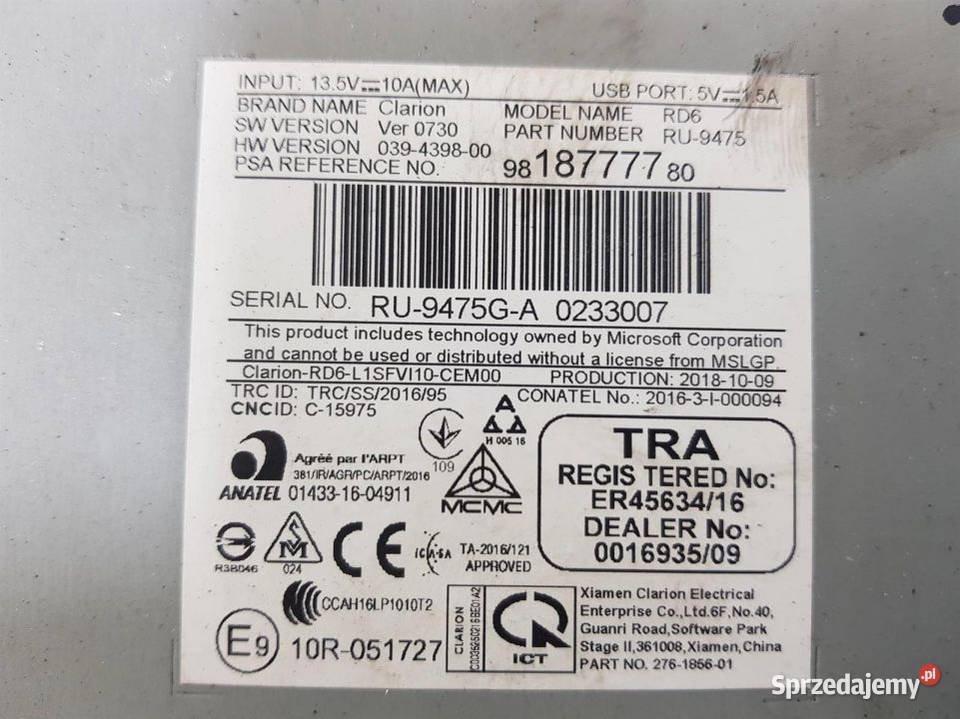 RADIO PEUGEOT PARTNER III 9818777780 Pozostałe Lipno