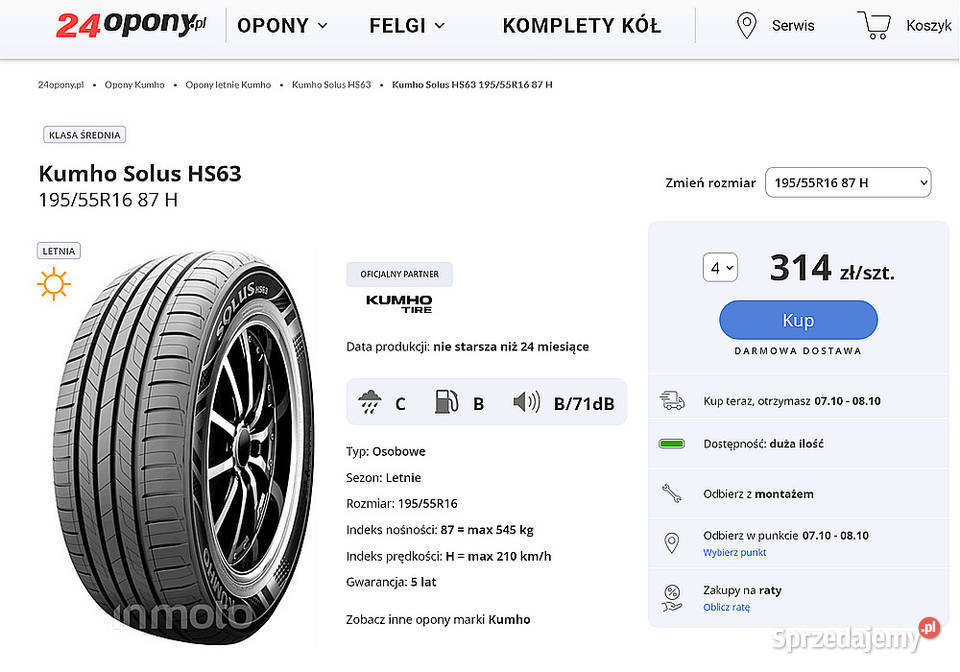 Opony Kumho 195 55 R16 87H komplet NOWE OLSZTYN