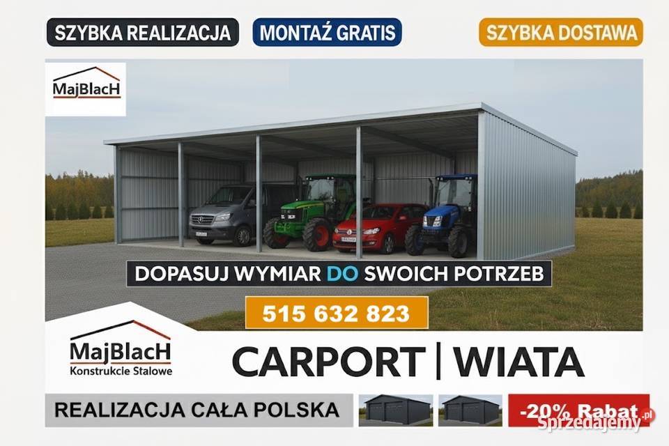 ZADASZENIE WIATA OCYNKOWANA GARAŻ BLASZANY 72m2 Sprzedaż Świdnik