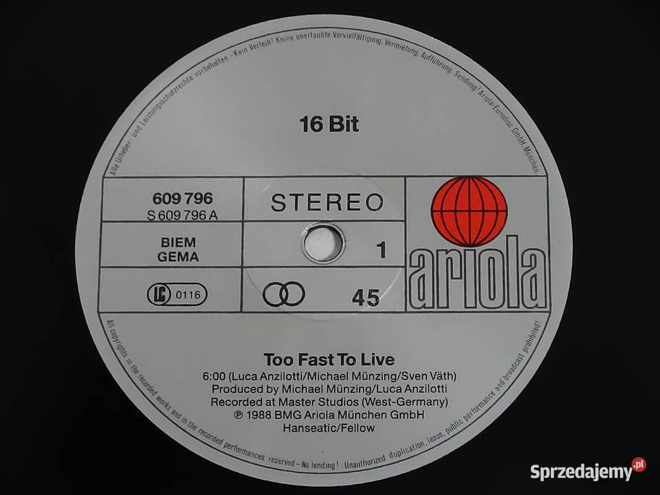 16 Bit Too Fast To Live Be Quiet MaxiSingle 1988 sprzedam