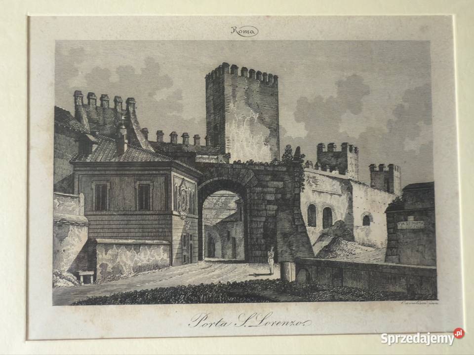 Antyczny Miedzioryt XIX w Porta San Lorenzo Rzym
