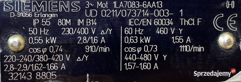 silnik elektryczny 055kW 910obr 3fazowy SIEMENS kujawsko-pomorskie Pigża sprzedam