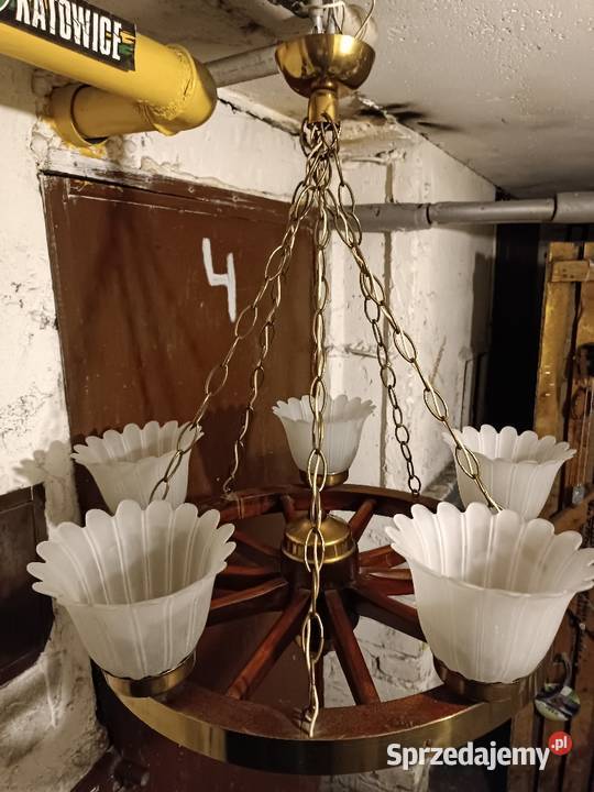 Żyrandol koło drewniane 5 lamp antyk Antyki Antyki Piekary Śląskie