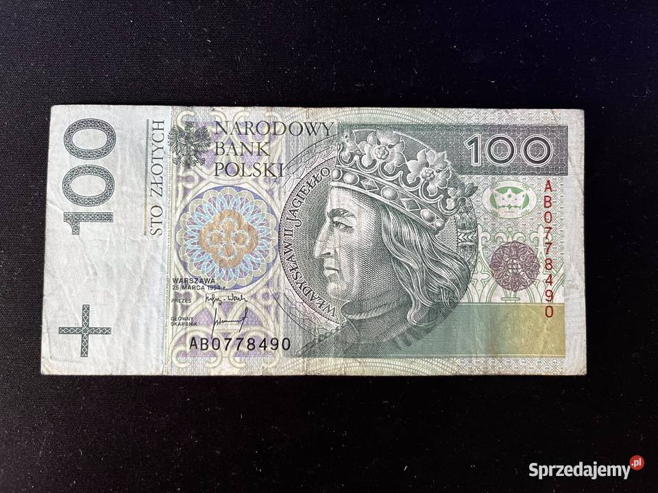 Banknot 100 seria AB0778490 Zawiercie sprzedam