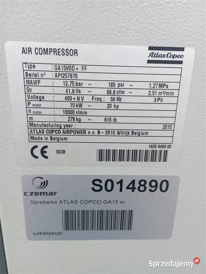 Sprężarka śrubowa Atlas copco Ga 15vsdff Wilków sprzedam