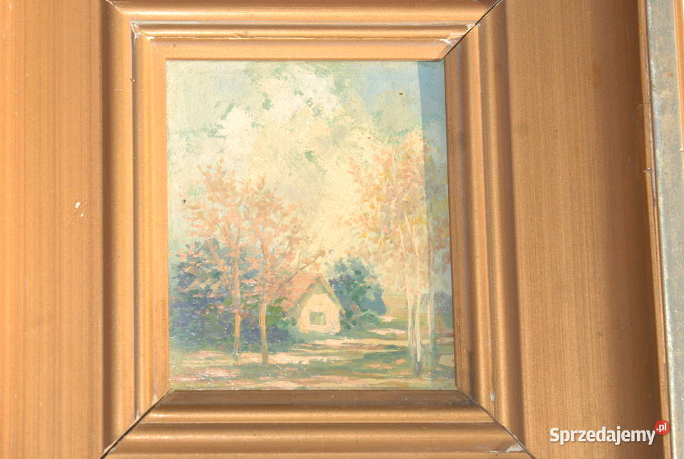 Stary mini obraz krajobraz z ramką drewnianą Malarstwo śląskie Cieszyn