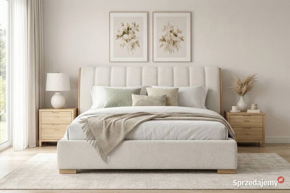 Sypialniane łóżko ARIA 140x200 beżowe z drewnem Łóżka Łódź