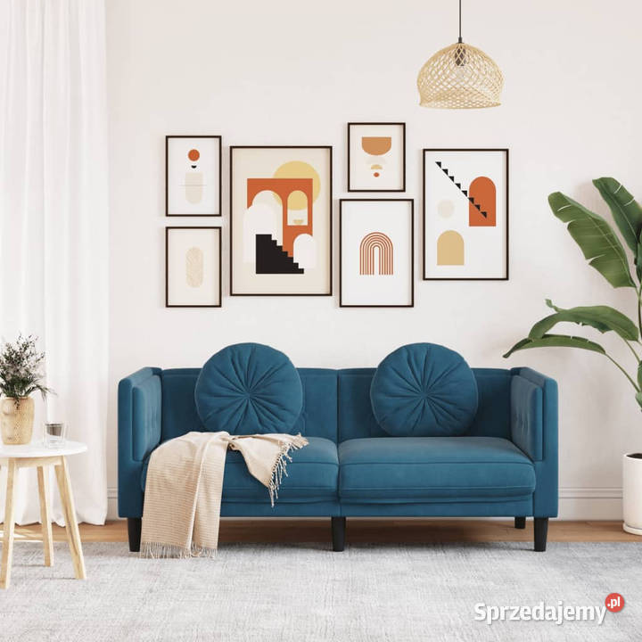 Sofa 2osobowa z poduszkami niebieska aksamit Warszawa sprzedam