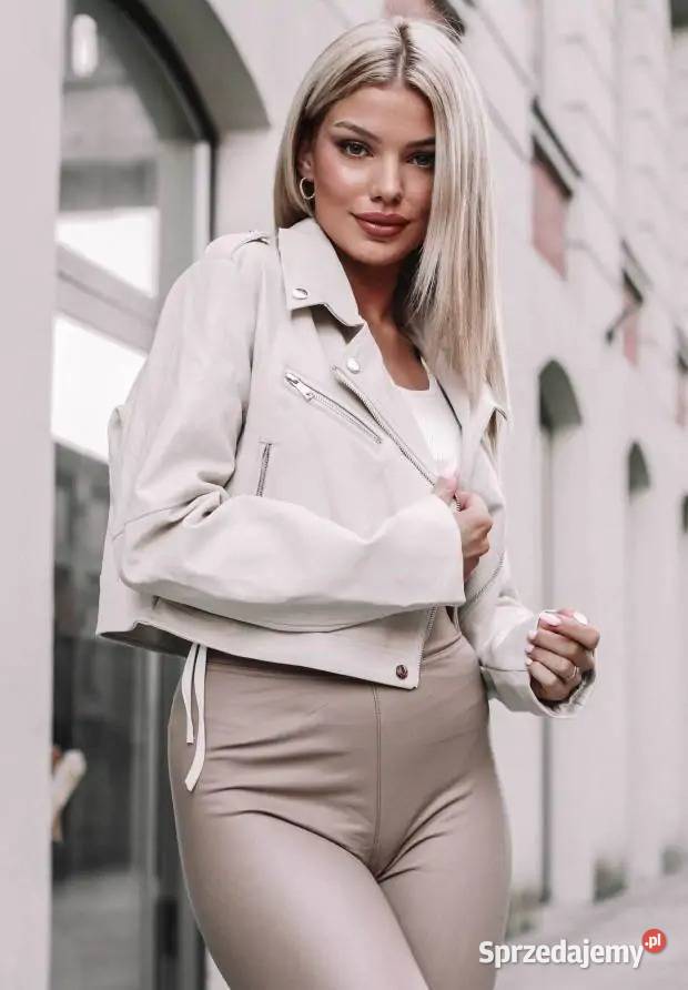 Krótka Ramoneska Z Imitacji Skóry Justice Ecru Nowy Kawęczyn sprzedam