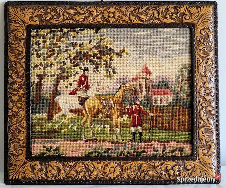 Stary obraz haftowany pejzaż z jeźdźcami w ramie Tkaniny Kraków