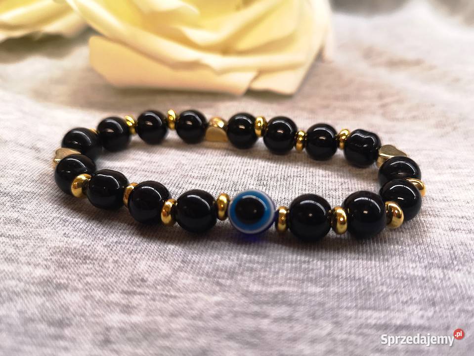 Bransoletka z onyksu złotymi serduszkami i świętokrzyskie