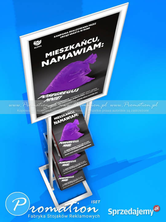 Srebrny stojak metalowy na foldery A4 i plakat Warszawa