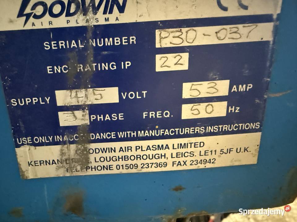 Przecinarka plazmowa Goodwin p30 grubość ciętego sprzedam