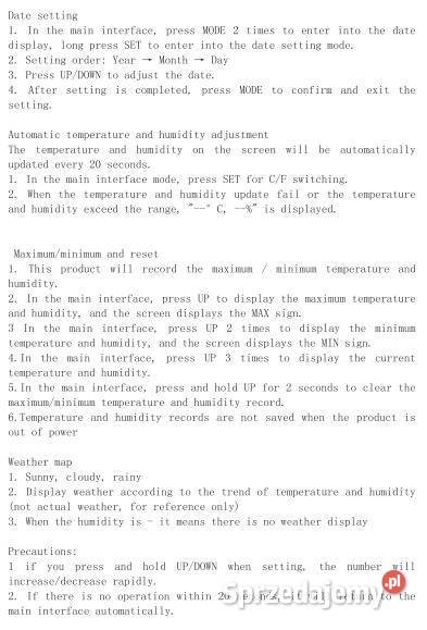 Zegar Termometr Higrometr datownik LCD