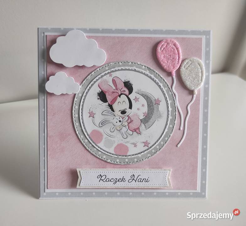 Kartka ręcznie robiona na urodziny roczek Myszka Łódź