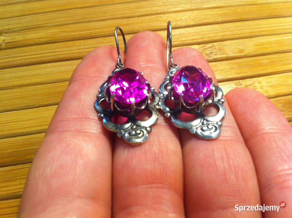 Piękne stare srebrne kolczyki z różowym rubinem Lublin
