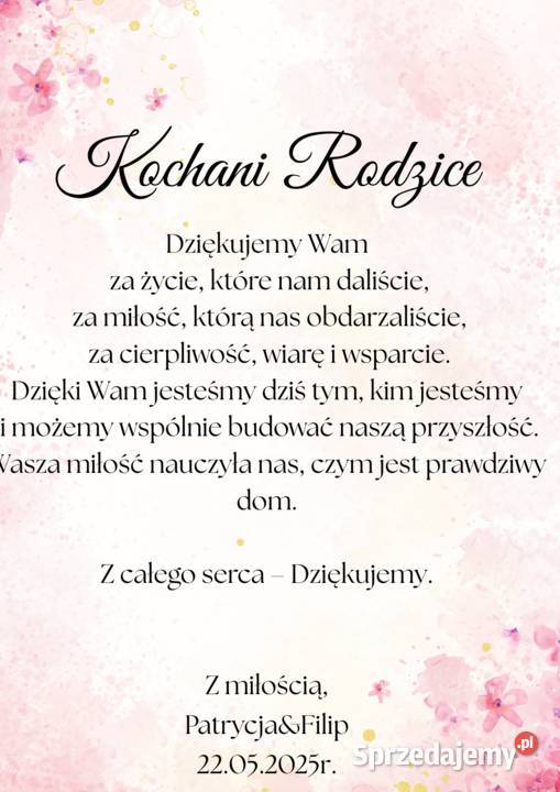 Podziękowanie Rodziców na Wesele Tabliczka Ramka Strzyżów