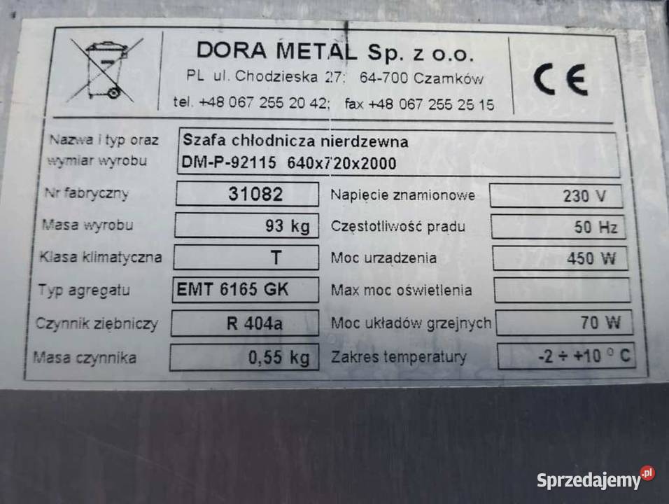 Szafa Chłodnicza Nierdzewna DORA METAL 700 L s Nowe Skalmierzyce