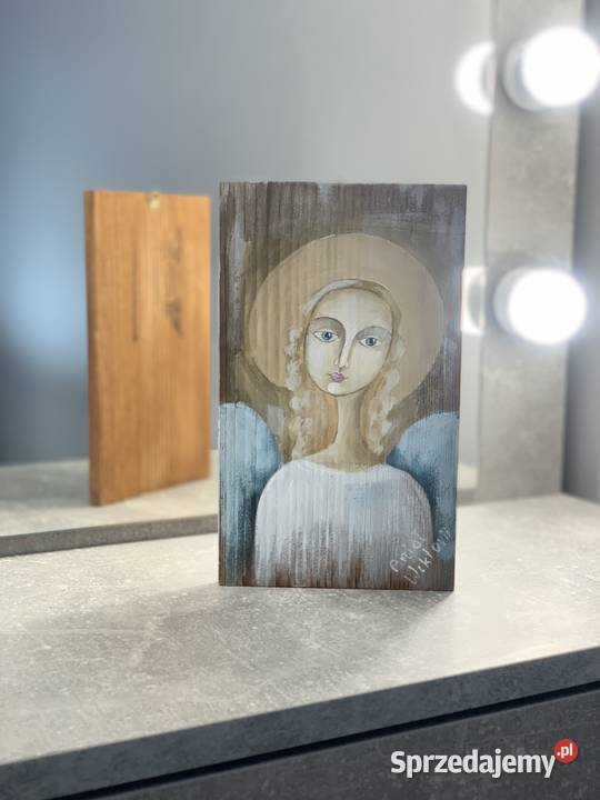 Anioł aniołek malowany na drewnie NOWY drewno odcienie brązowego Jasło