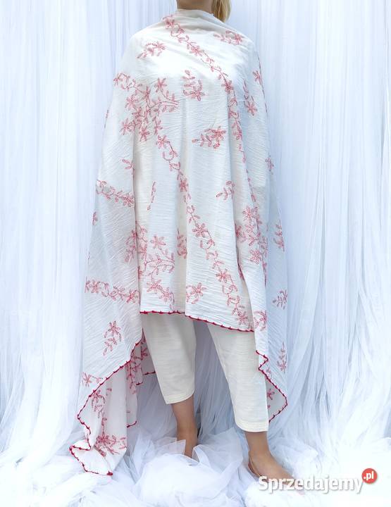 Duża chusta szal dupatta haftowana biała bawełna Szczecin