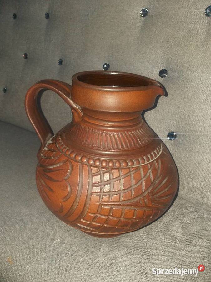 Stary,ceramiczny dzban z sygnaturą w stylu Boho