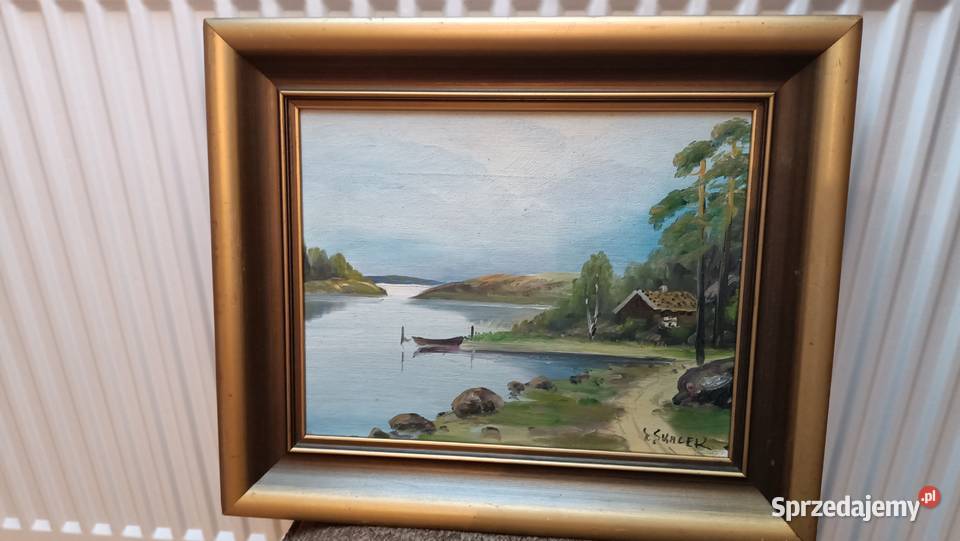 Stary oprawiony obraz na dykcie Przystań Zamość