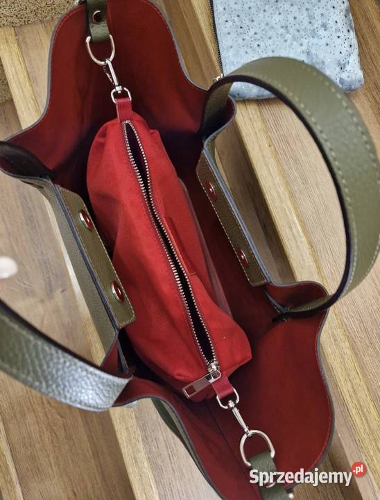 Torebka Polen khaki organizer czerwone wnętrze Września
