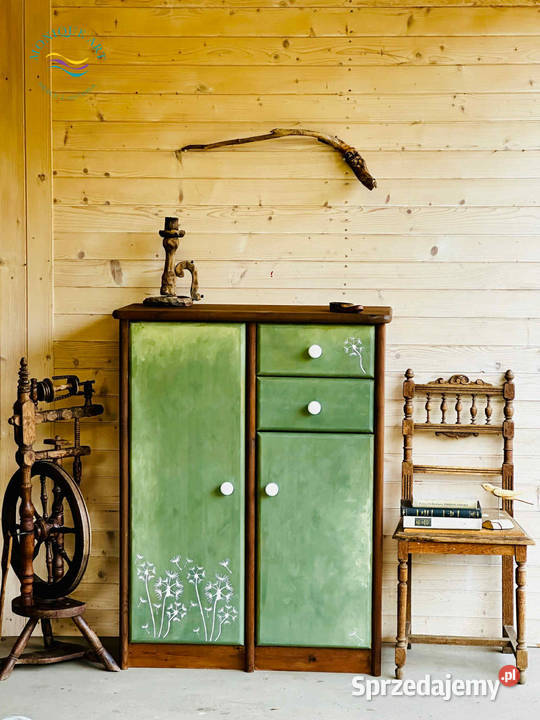 Ręcznie malowana, zielona komoda, szafka na buty, bieliźniarka, na buty