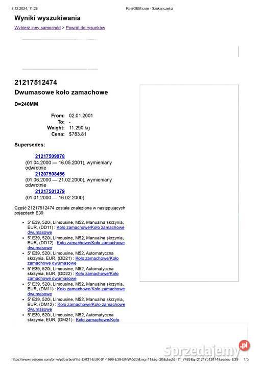 Dwumas E39 M52 i M 54 21217512474 Sprzęgła i elementy