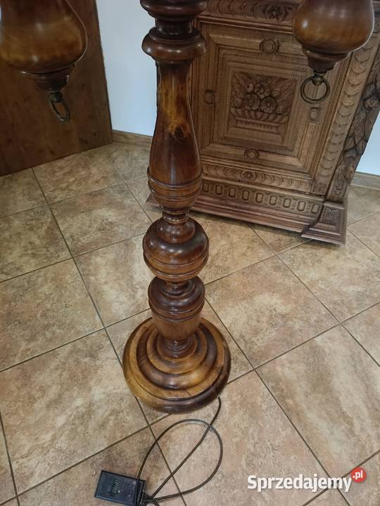 Stara lampa stojąca drewniana z trzema kloszami Lipno sprzedam