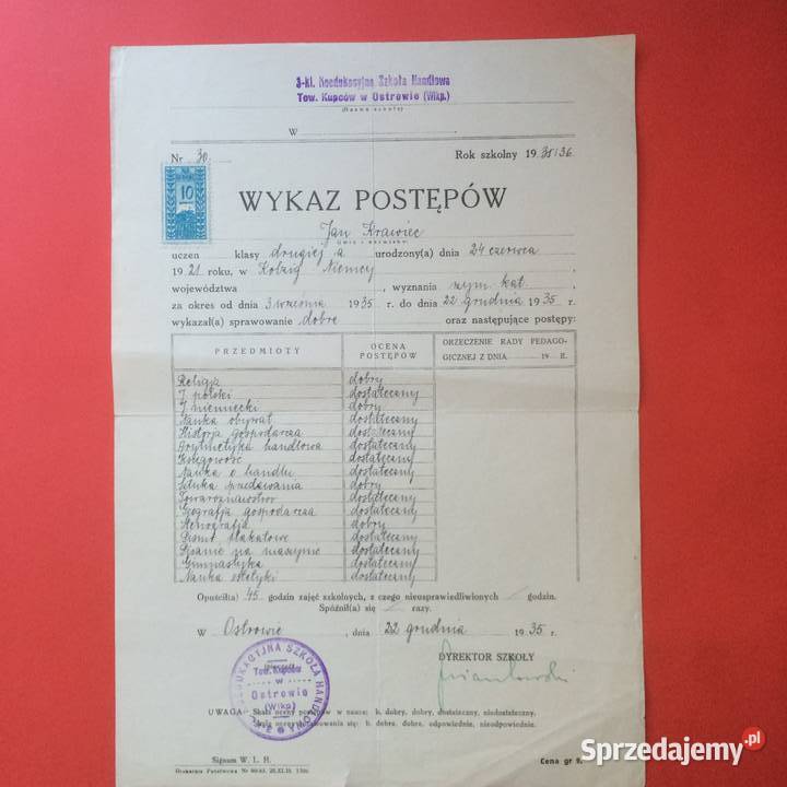 1802 Świadectwo Wykaz Postępów Ostrów Wlkp Szczecin