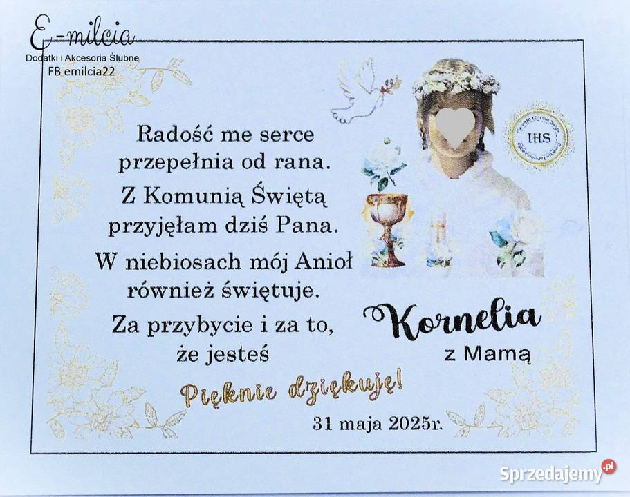Podziękowania Gości z okazji I Komunii Św Chrztu lubuskie Zielona Góra sprzedam