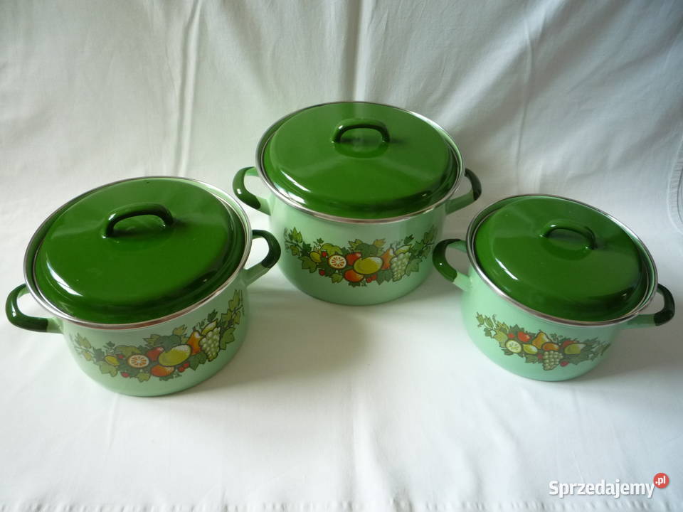 Komplet 3 garnki emaliowane z pokrywkami PRL odcienie zieleni zachodniopomorskie Szczecin