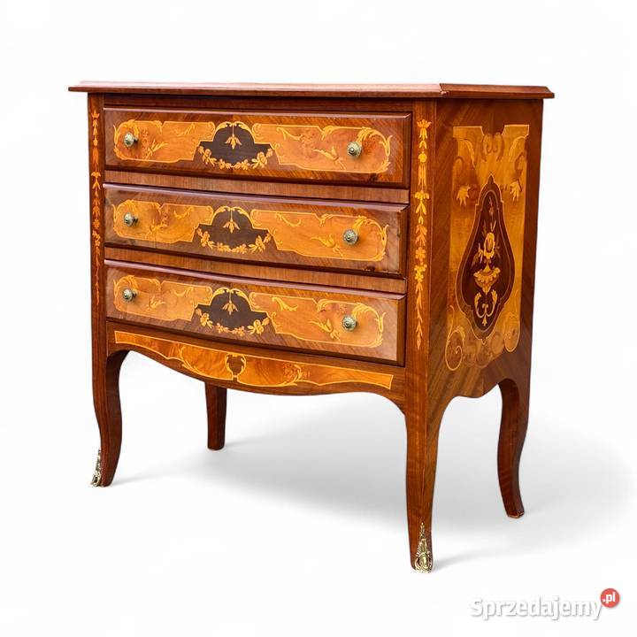 Intarsjowana komoda na giętych nogach 3 szuflady Meble Gryfice
