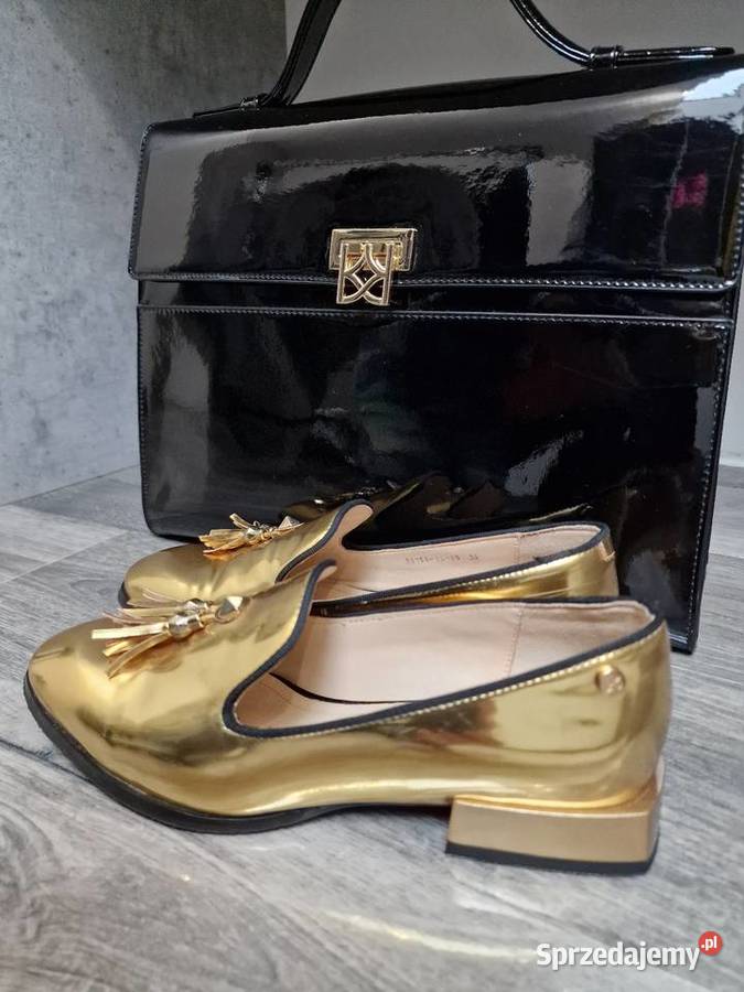 Mokasyny złote skóra lakier Kazar 36